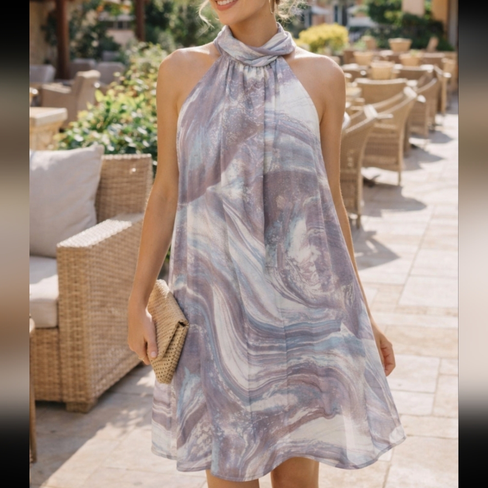A New Day Marble Print Halter Dress XL Tie Neck Flowy Pastel Blue Taupe NWT